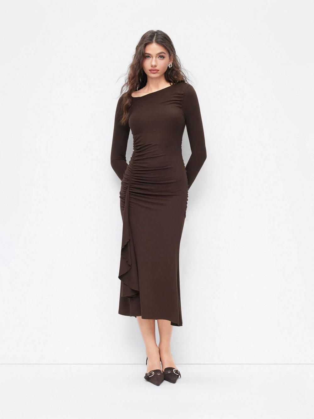 Zara Side Waist Ruched Ruffle Panel Mermaid Bodycon Maxi Dress